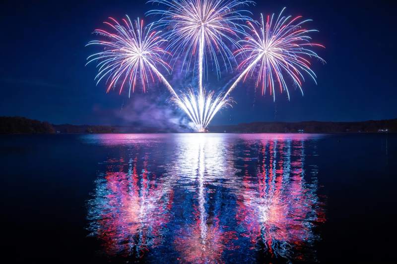 夜空烟花绽放湖面倒影绚丽图片