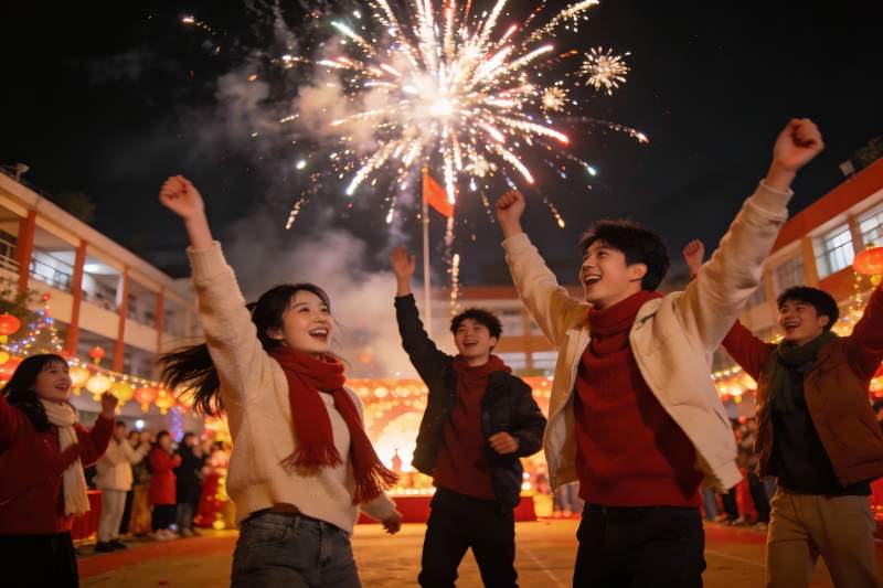 夜空中绽放烟花众人欢庆图片