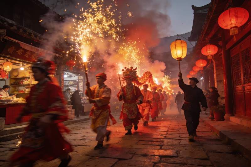 古街夜游人持火把灯笼图片