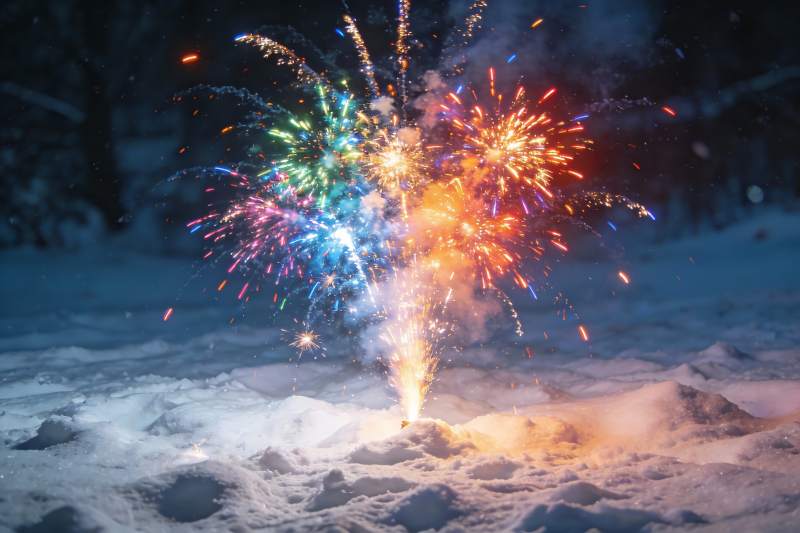 雪地烟花绽放夜景图片