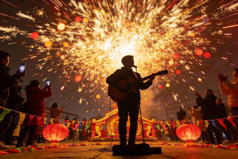 烟花下吉他手表演众人拍照图片