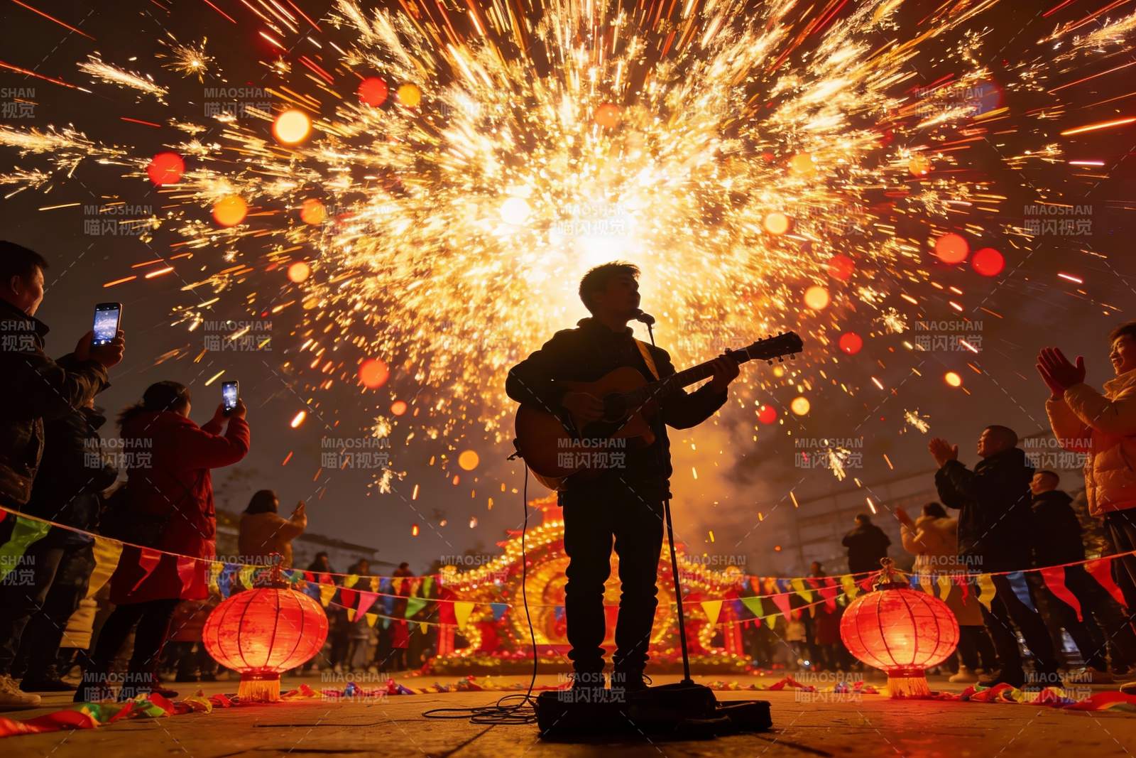 烟花下吉他手表演众人拍照图片
