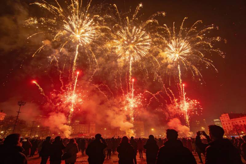 夜空烟花绽放人群观赏盛景图片
