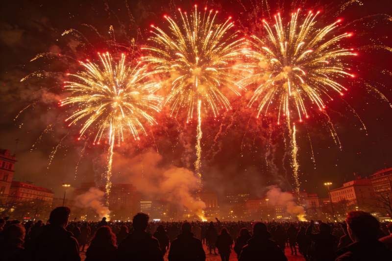 夜空烟花绽放人群观赏盛景图片