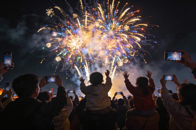 夜空烟花绽放人群欢庆图片