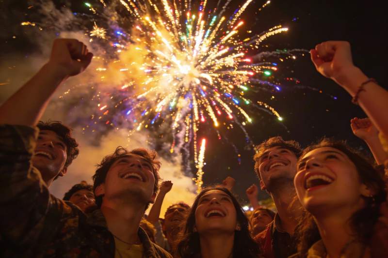 夜空烟花下人群欢庆场景图片