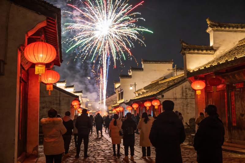 古街夜放烟花人群观赏图片