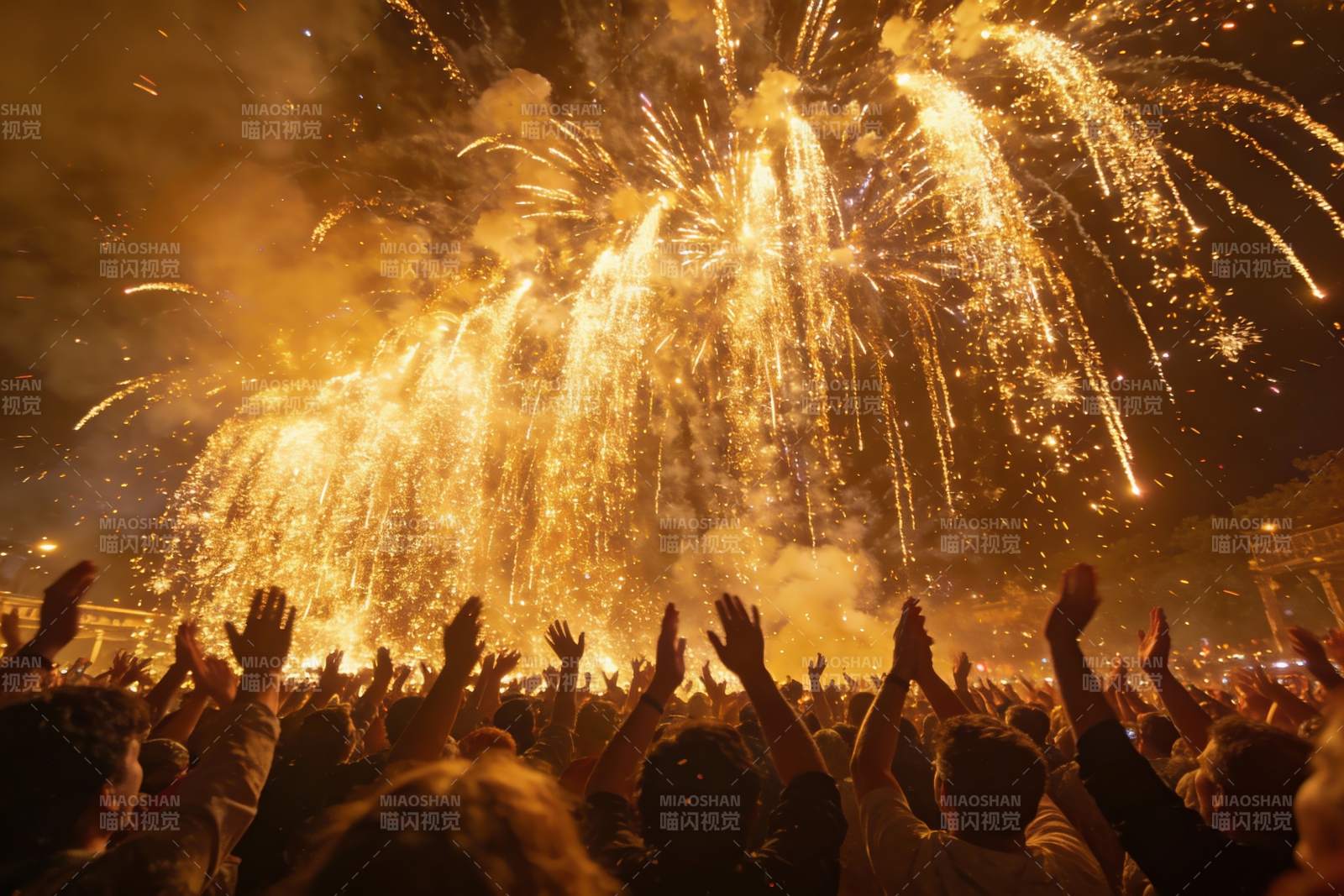 夜空烟花绽放人群欢呼图片