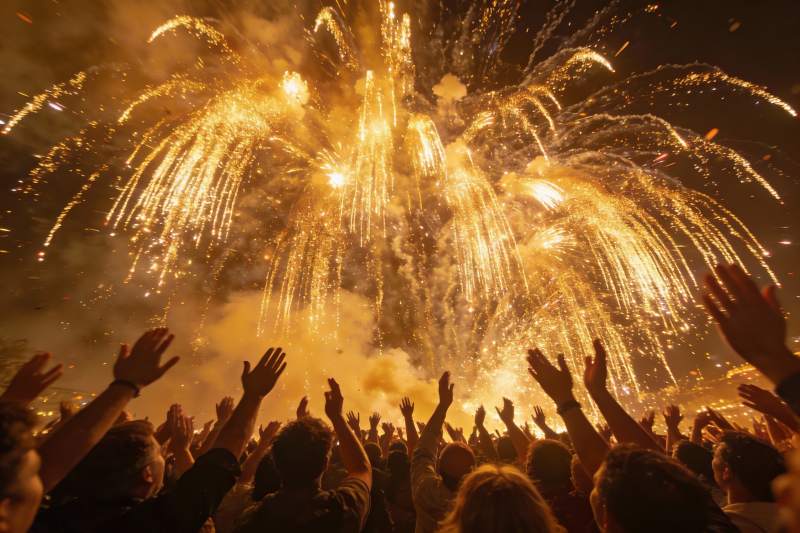 夜空烟花绽放人群欢呼图片