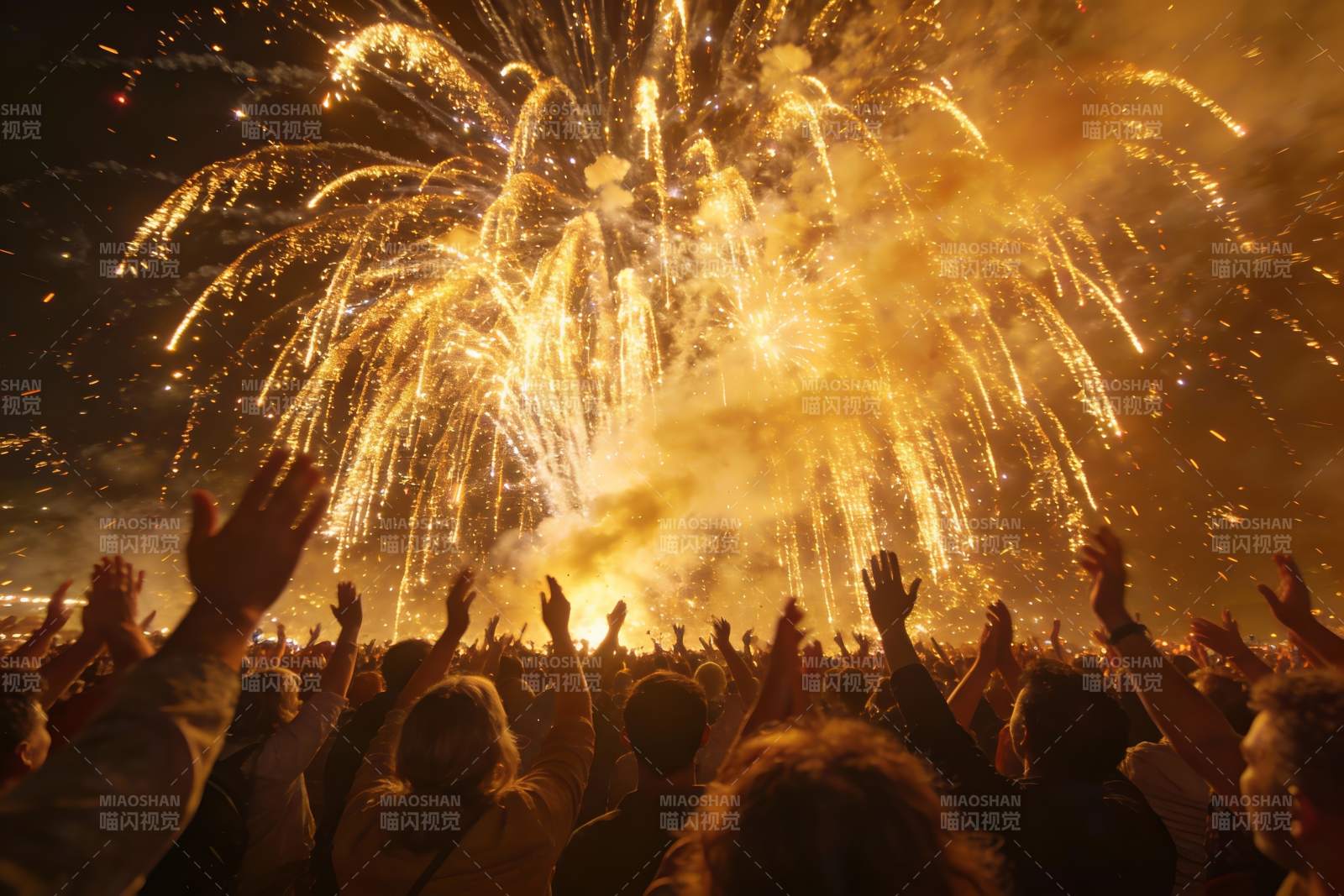 人群仰望夜空烟花绽放图片