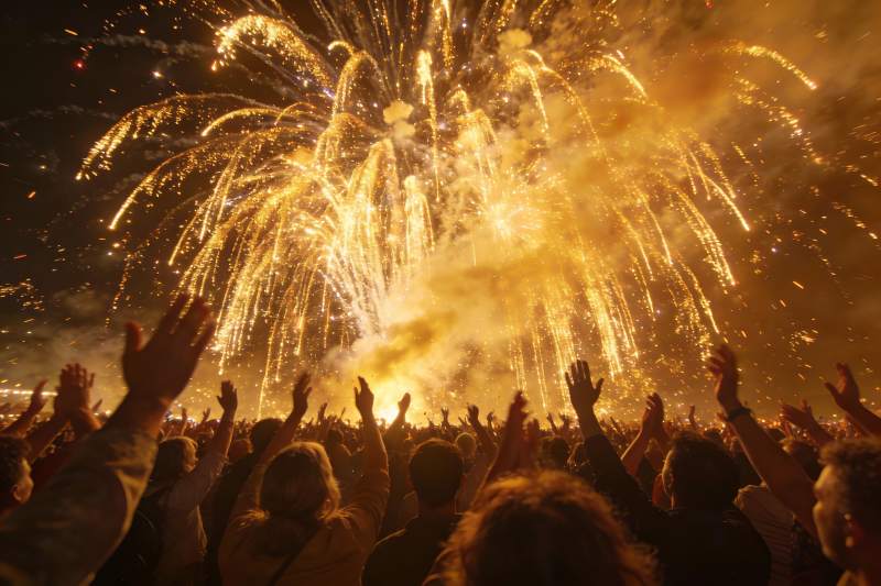 人群仰望夜空烟花绽放图片