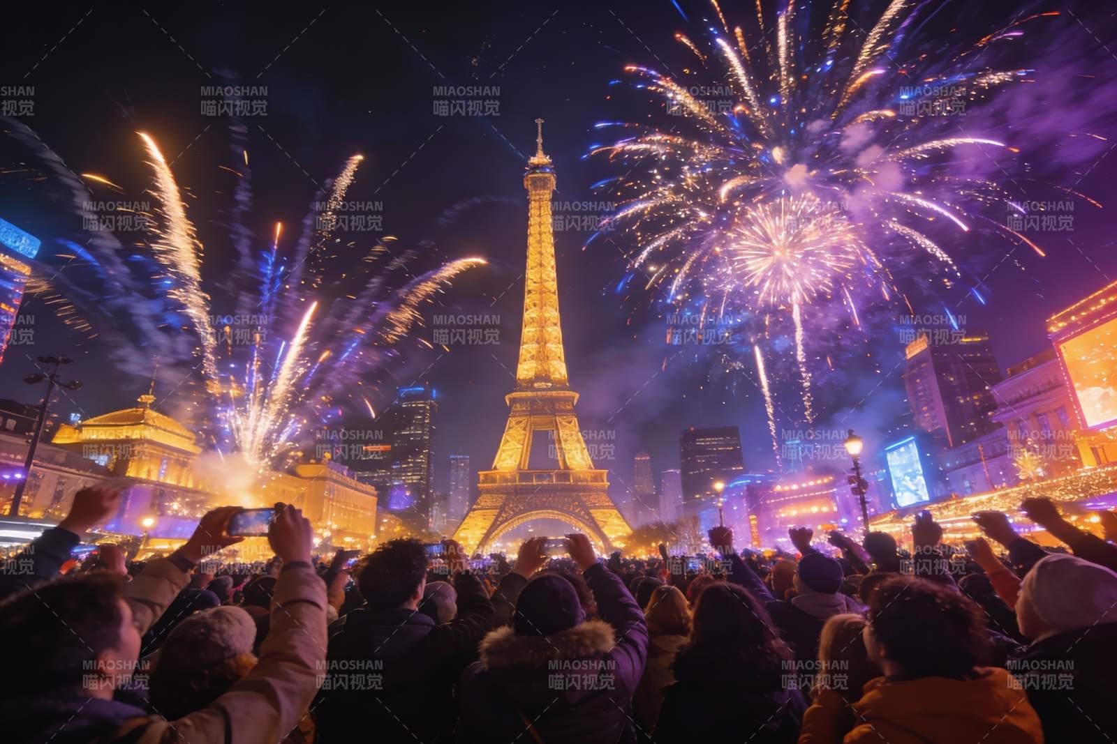 埃菲尔铁塔烟花夜图片