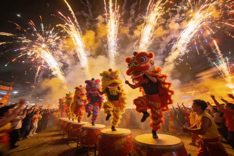 夜空中舞狮表演烟花绽放图片