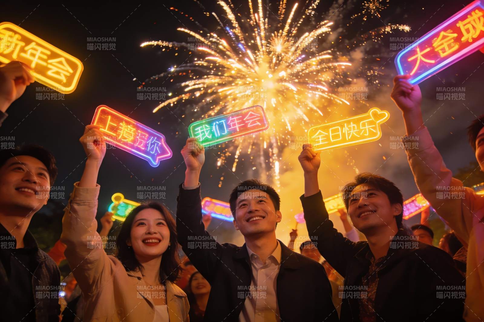 新年夜烟花下举牌欢庆图片