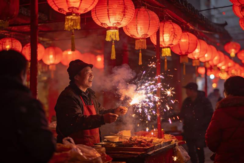 夜市摊位红灯笼下燃放烟花图片