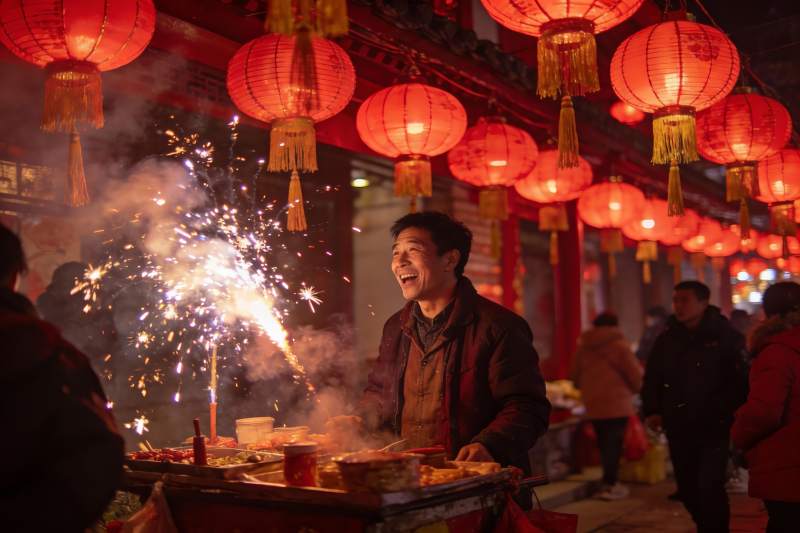 夜市摊位烟花绽放欢庆场景图片