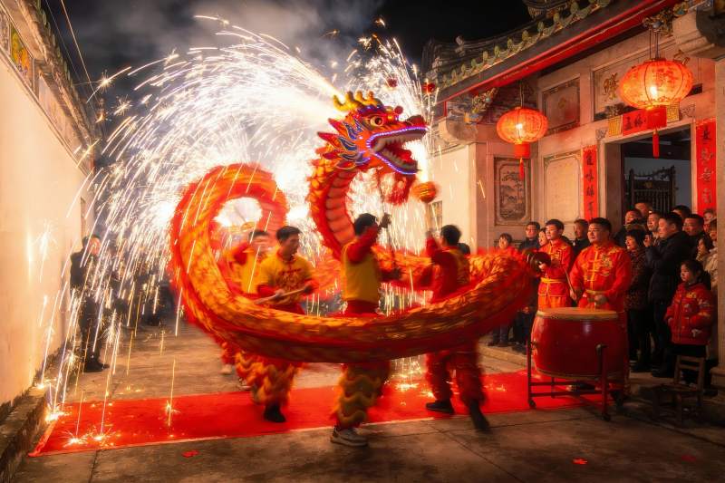 夜幕下舞龙表演热闹非凡图片