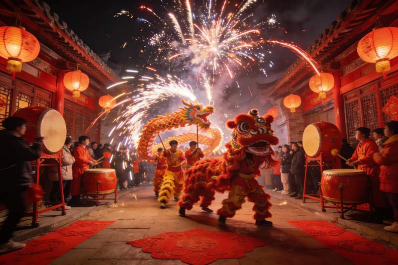 夜街舞狮烟花璀璨热闹非凡图片