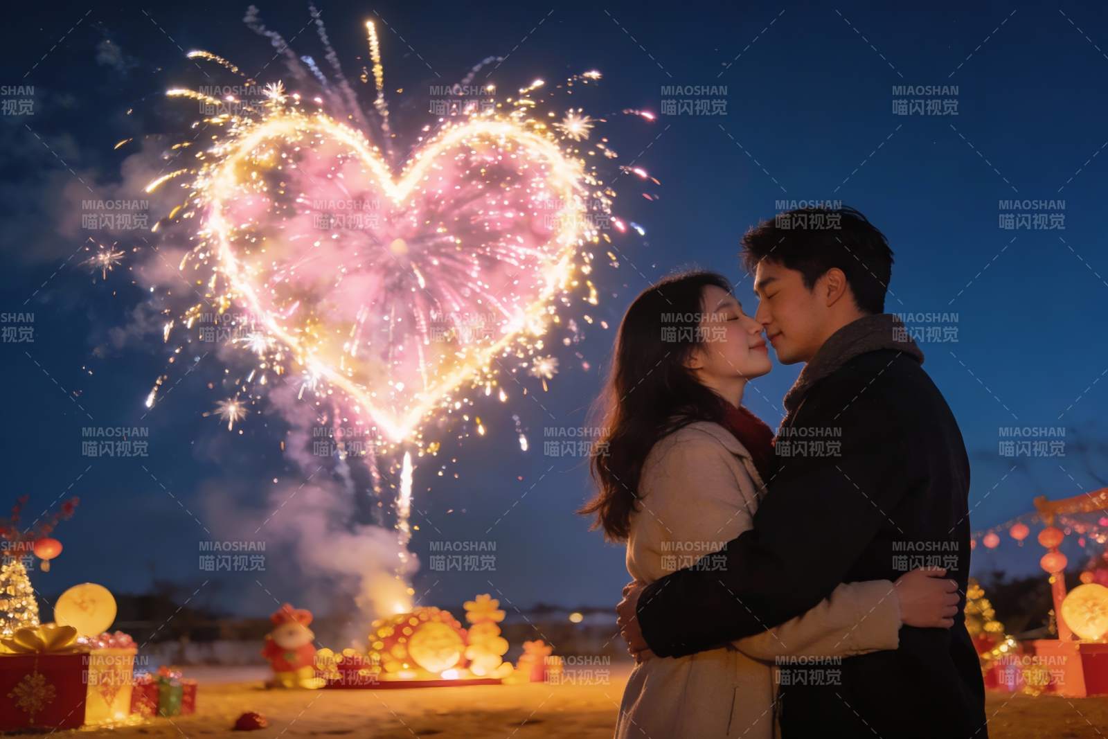 情侣夜放烟花浪漫相拥图片
