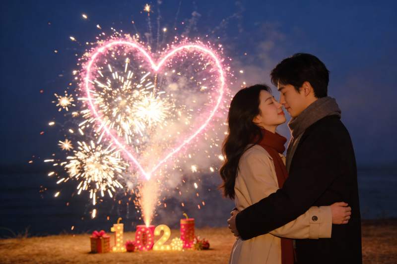 情侣烟花前拥吻浪漫庆祝图片