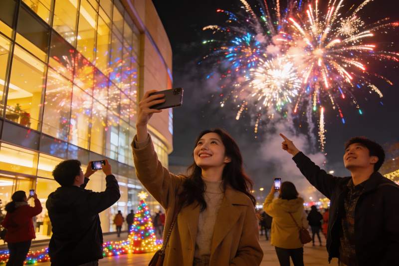 夜景烟花下人群自拍欢庆图片