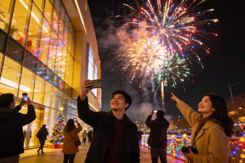 夜景烟花下情侣自拍图片