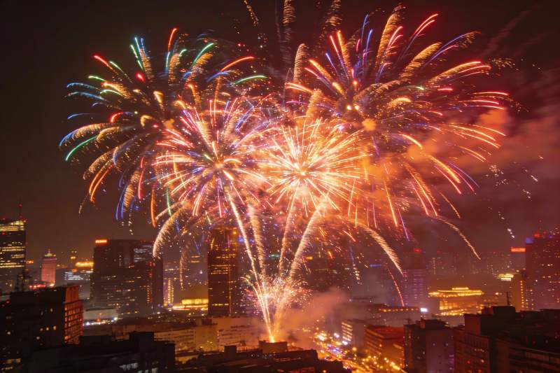 夜空城市烟花绽放绚丽景象图片