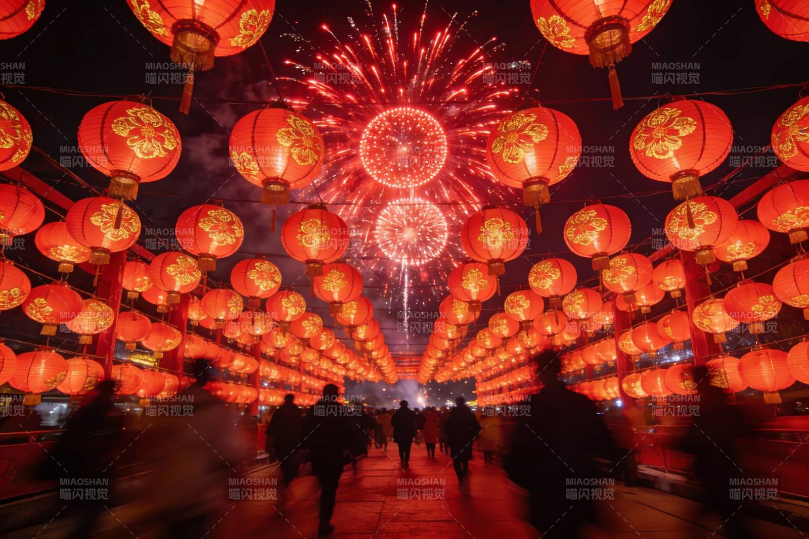 夜空烟花红灯笼街道图片