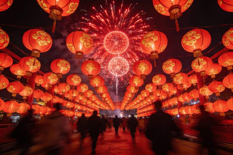夜空烟花红灯笼街道图片
