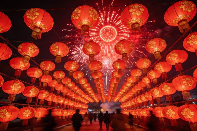 夜空烟花红灯笼街道图片