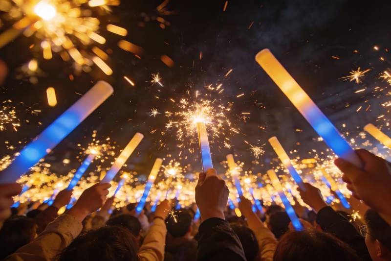 夜空中烟花棒绽放人群欢庆图片