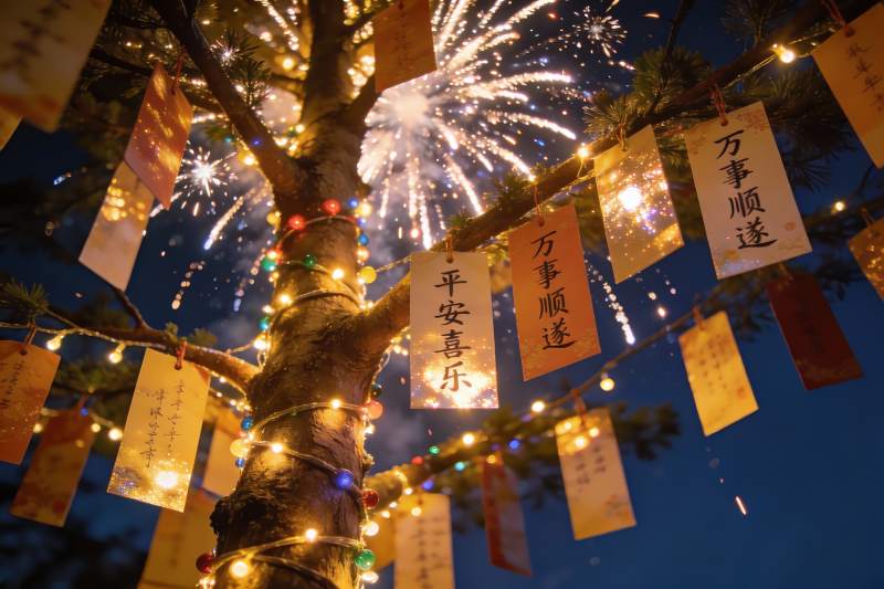 烟花树挂祈福牌夜景图片