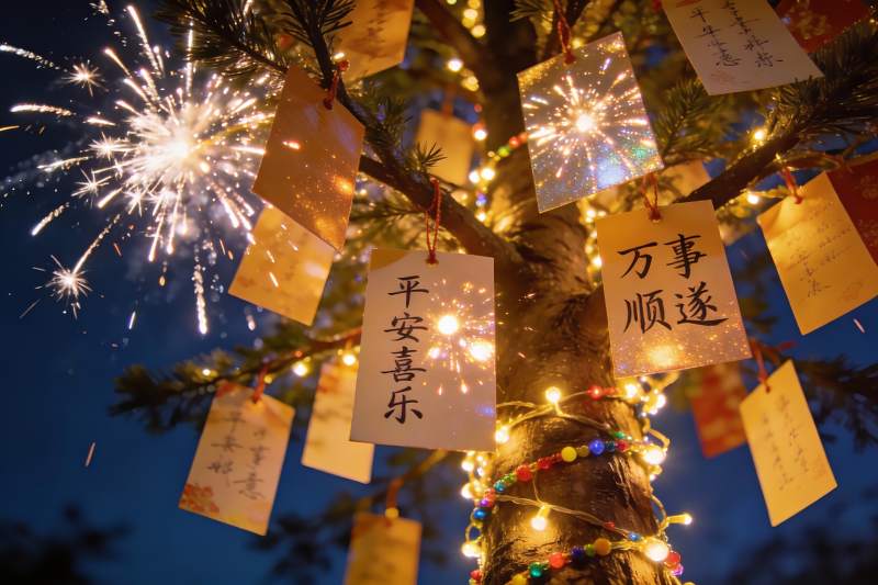 烟花树挂满祈福牌夜景图片