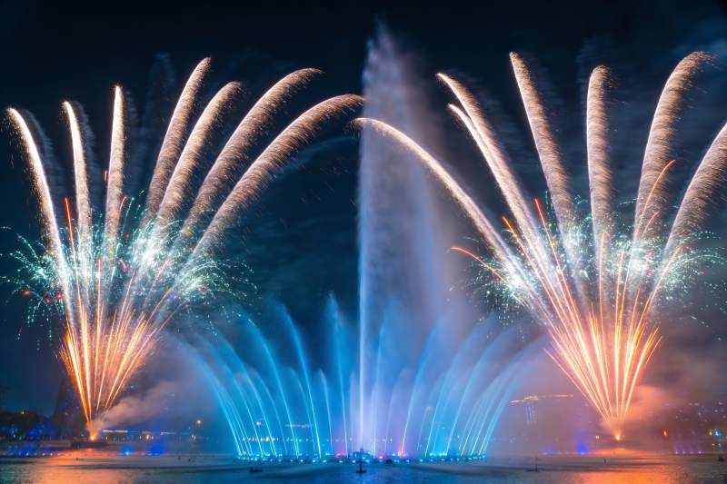 夜空烟花与喷泉交相辉映图片