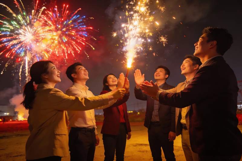 夜空烟花下欢庆人群图片