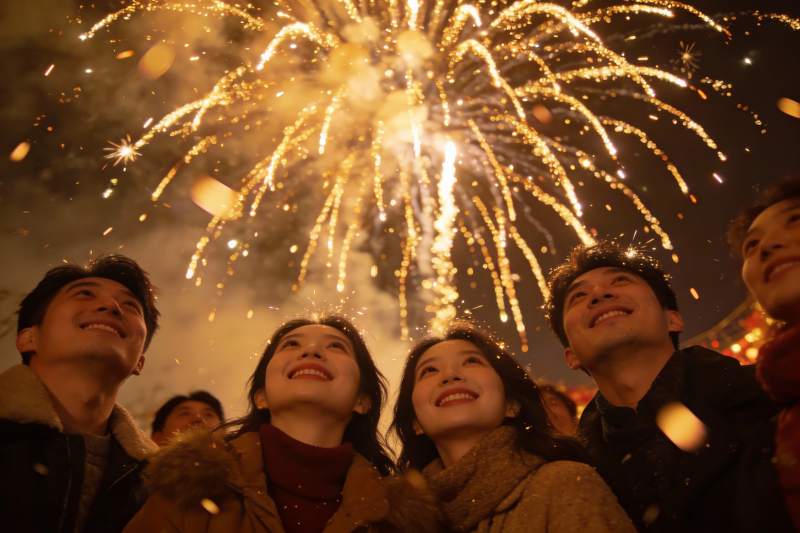 夜空烟花下欢笑人群图片