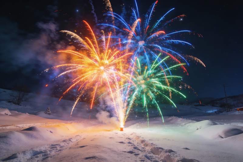 雪地夜空烟花绽放绚丽景象图片