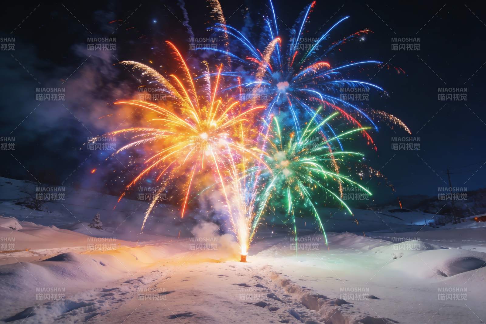 雪地夜空烟花绽放绚丽景象图片