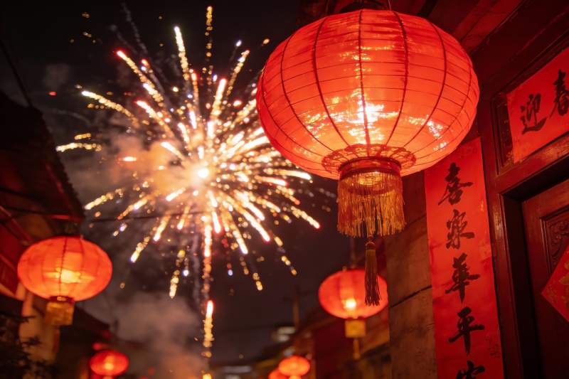 夜空中绽放的烟花与红灯笼图片