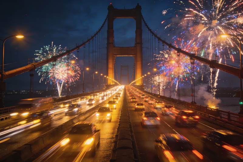 夜幕大桥烟花璀璨车流不息图片