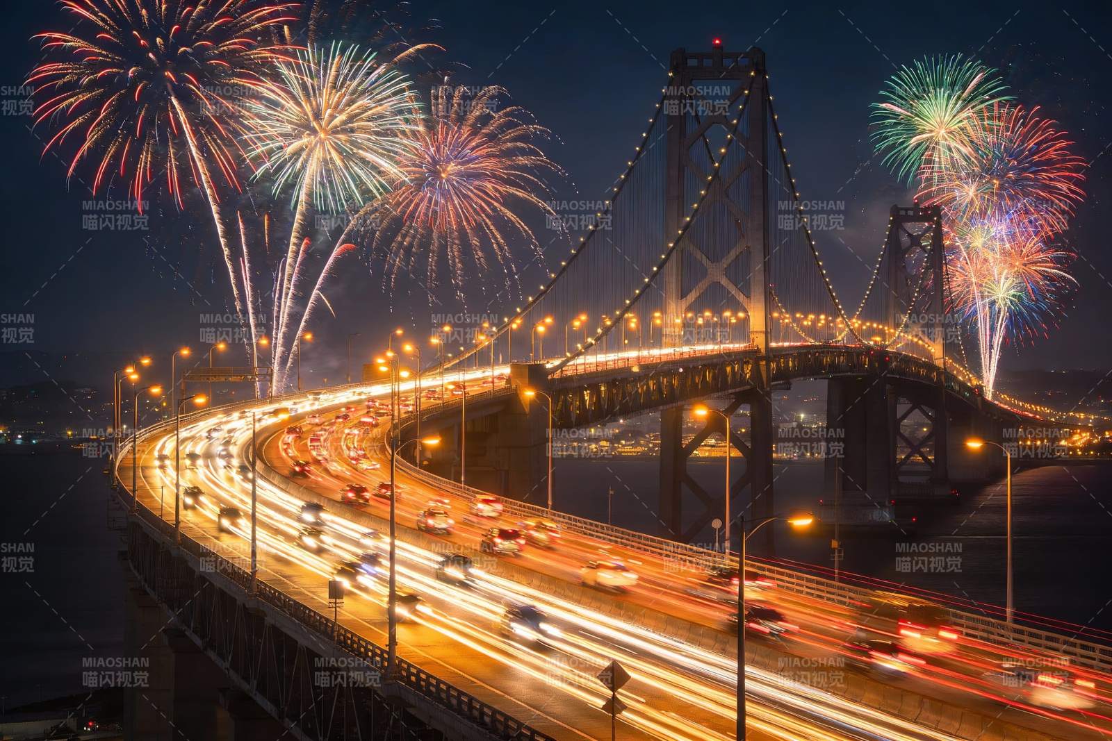 夜幕大桥烟花璀璨车流不息图片