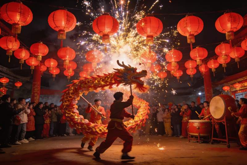 夜空中舞龙烟花璀璨夺目图片
