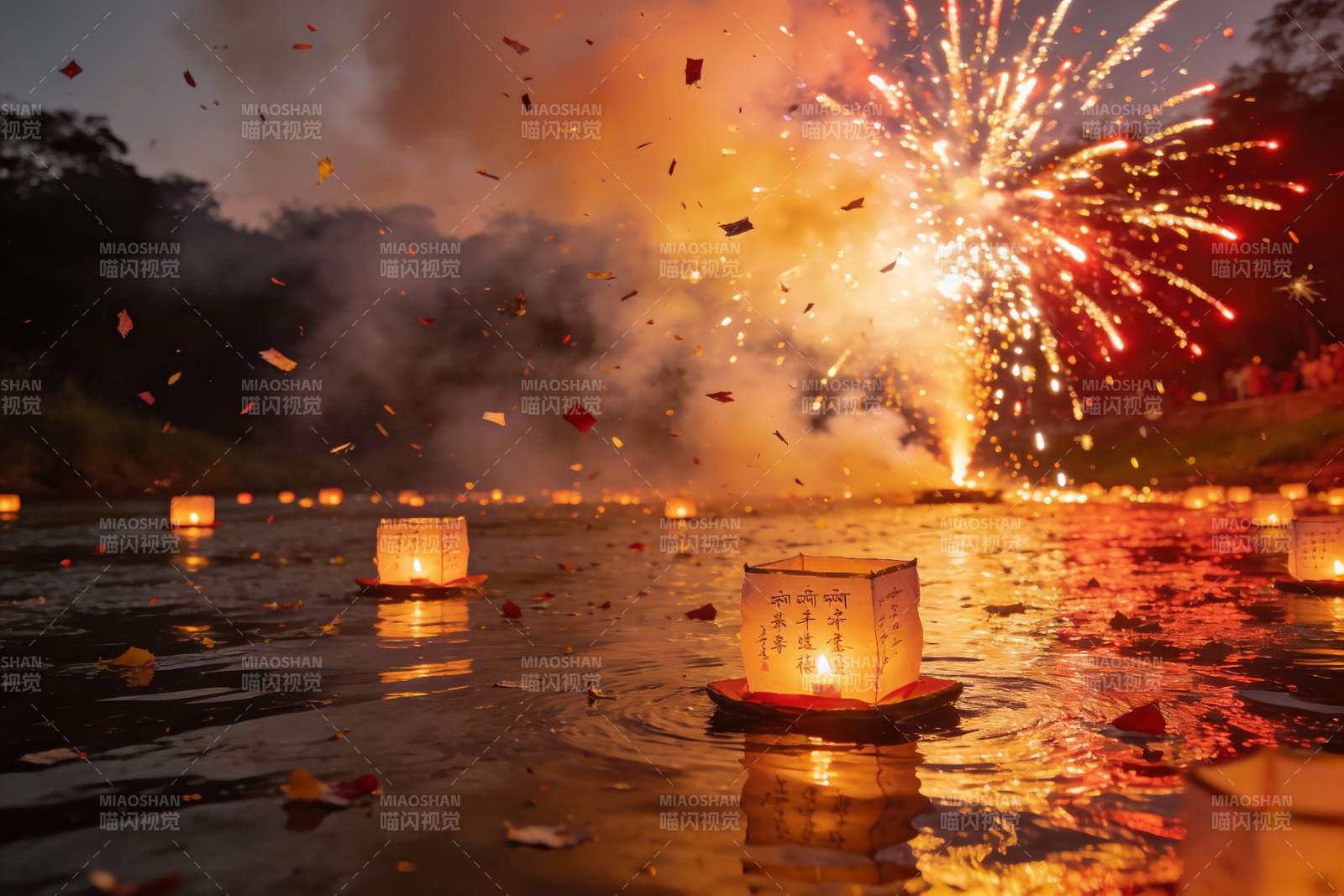 夜放河灯烟花绽放图片