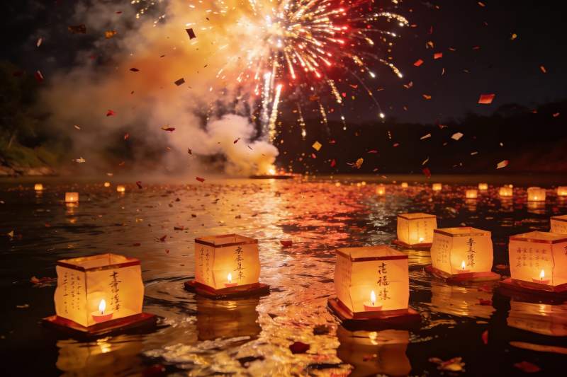 夜空烟花与河中灯笼图片