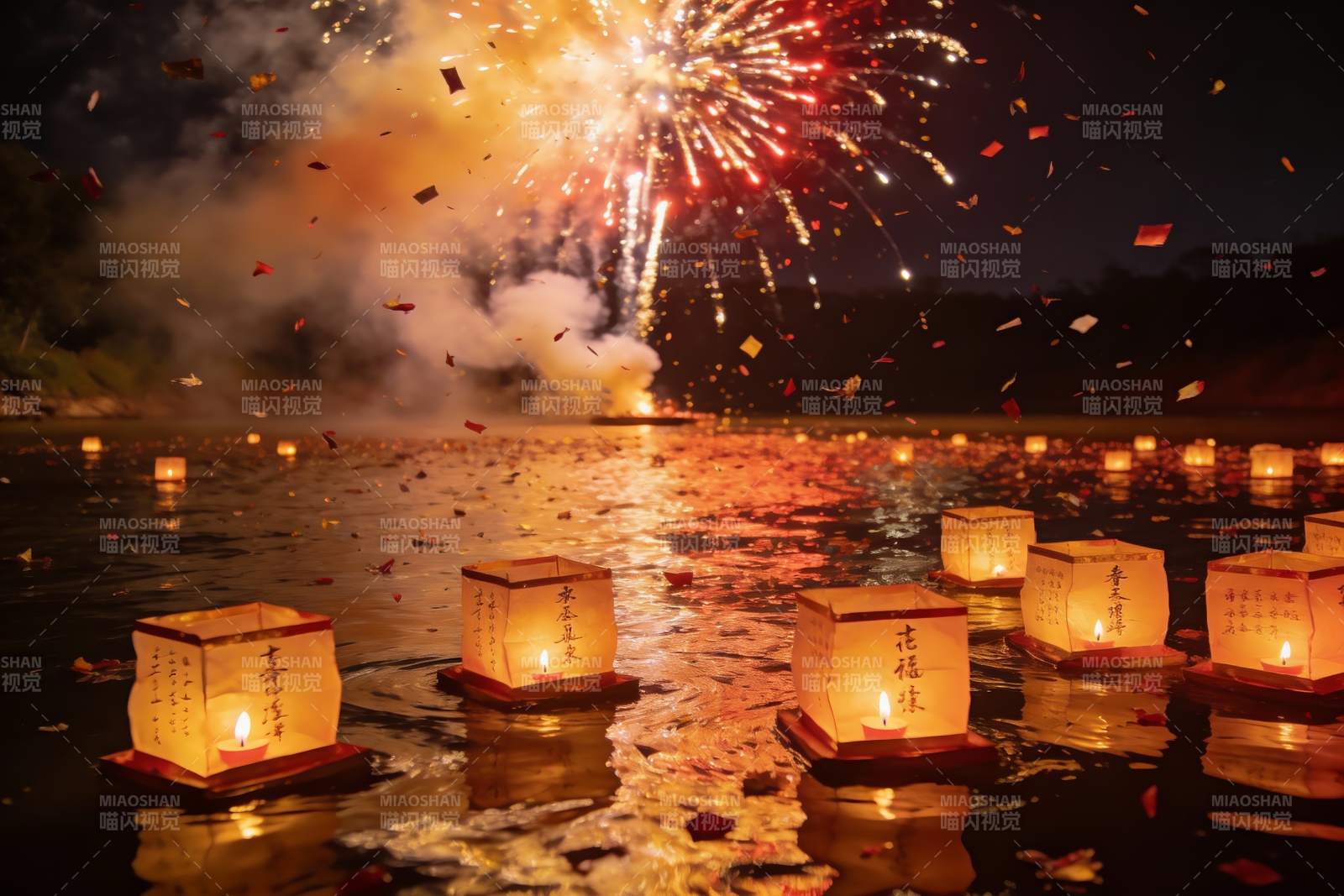 夜空烟花与河中灯笼图片