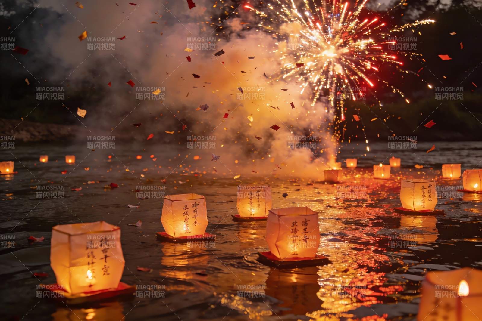 夜空烟花与河中灯笼共映图片