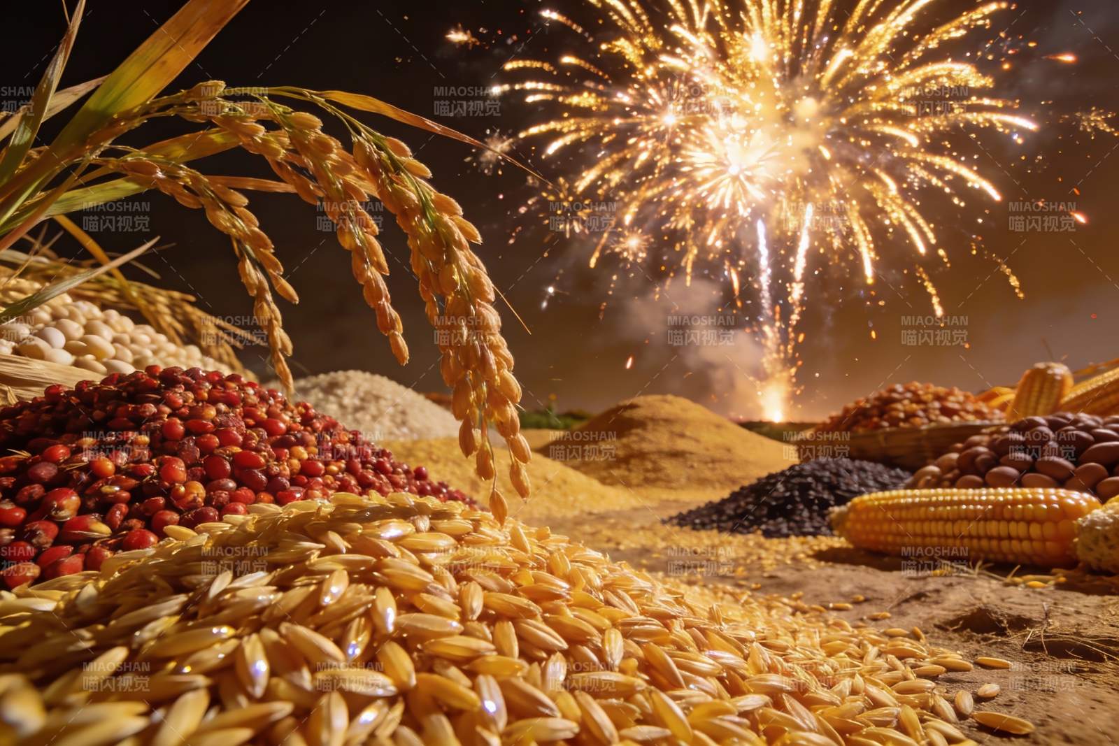 烟花下的丰收谷物盛宴图片