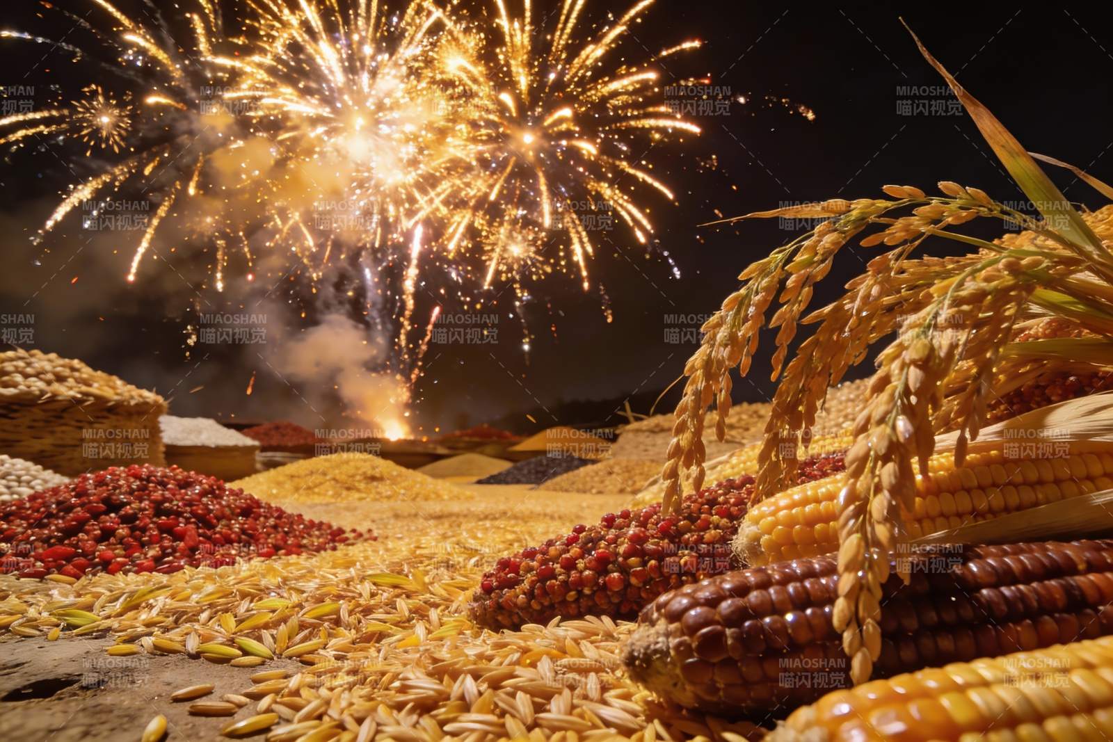 烟花下的丰收谷物夜景图片
