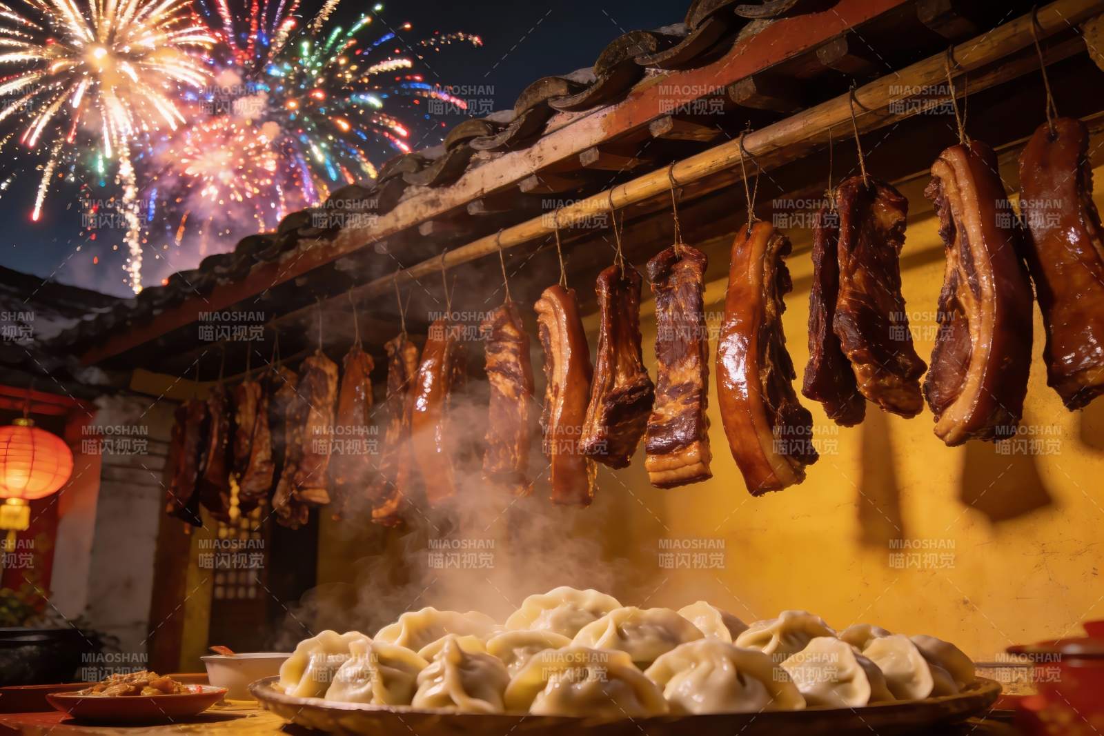 夜空烟花下悬挂腊肉与饺子图片