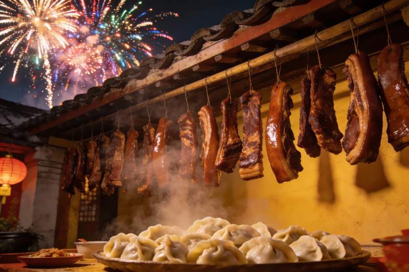 夜空烟花下悬挂腊肉与饺子图片